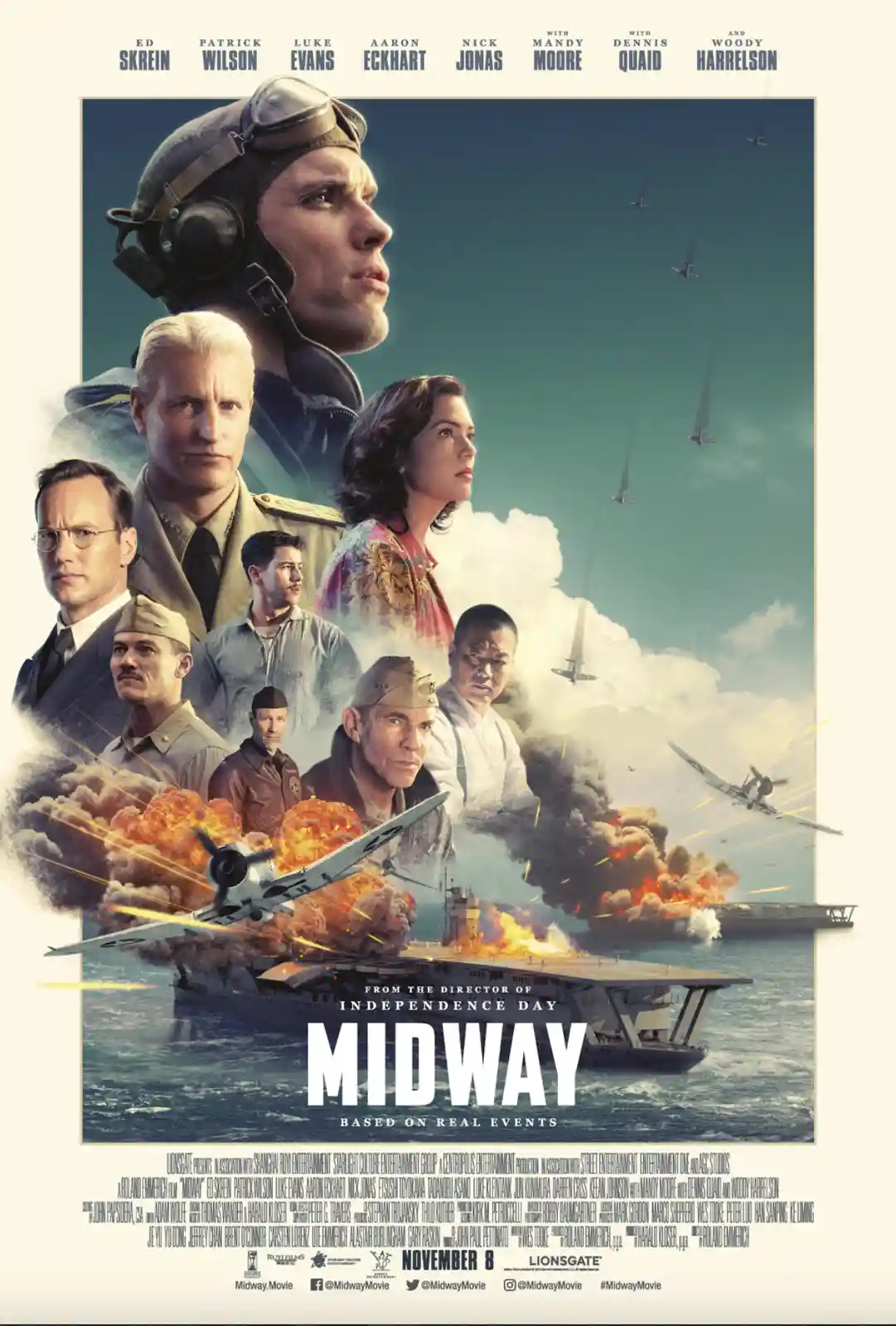 This is a movie poster for the 2019 film 'Midway,' featuring a collage of actors including Ed Skrein, Patrick Wilson, and…