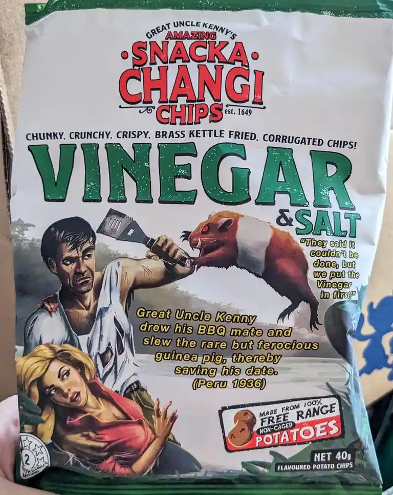 A bag of 'Snacka Changi Chips' with 'Vinegar & Salt' flavor, featuring a vintage-style illustration of a man fighting a…