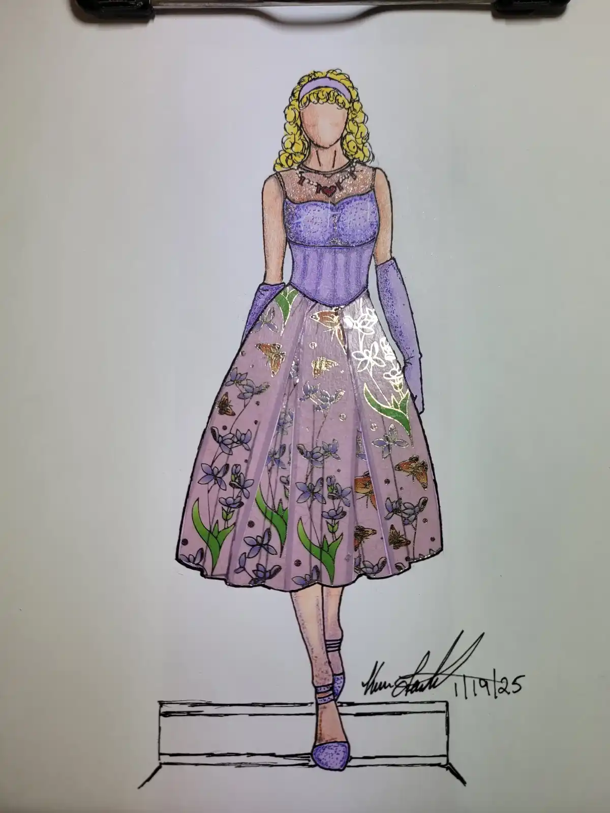 A hand-drawn fashion illustration of a woman with curly blonde hair, wearing a purple dress with floral and butterfly…