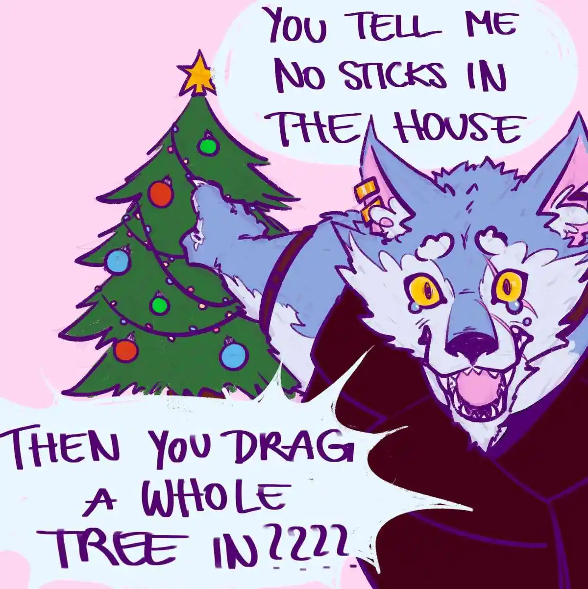 A cartoon blue wolf with yellow eyes and a tearful expression is yelling at a decorated Christmas tree. The wolf has a…