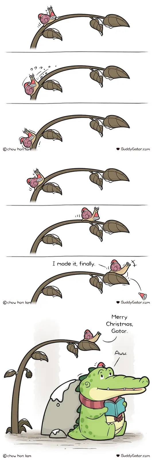 A comic strip shows a snail wearing a Santa hat climbing a snowy branch, exhausted but triumphant, then dropping its hat to…