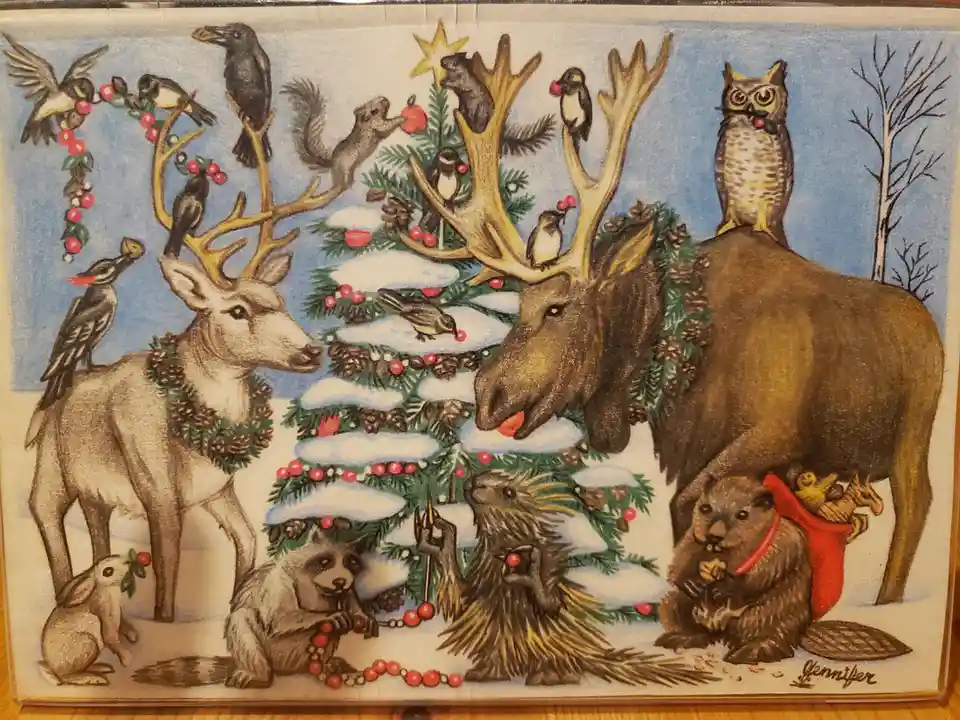 A vintage-style illustration depicts various woodland animals, including moose, deer, raccoon, porcupine, beaver, owl, and…