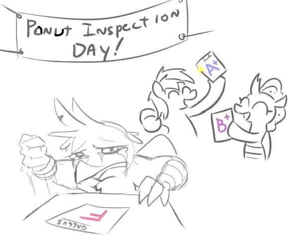 A hand-drawn sketch shows a stressed, angry character at a desk with a red 'F' grade on their paper labeled 'GALUS'. Above…