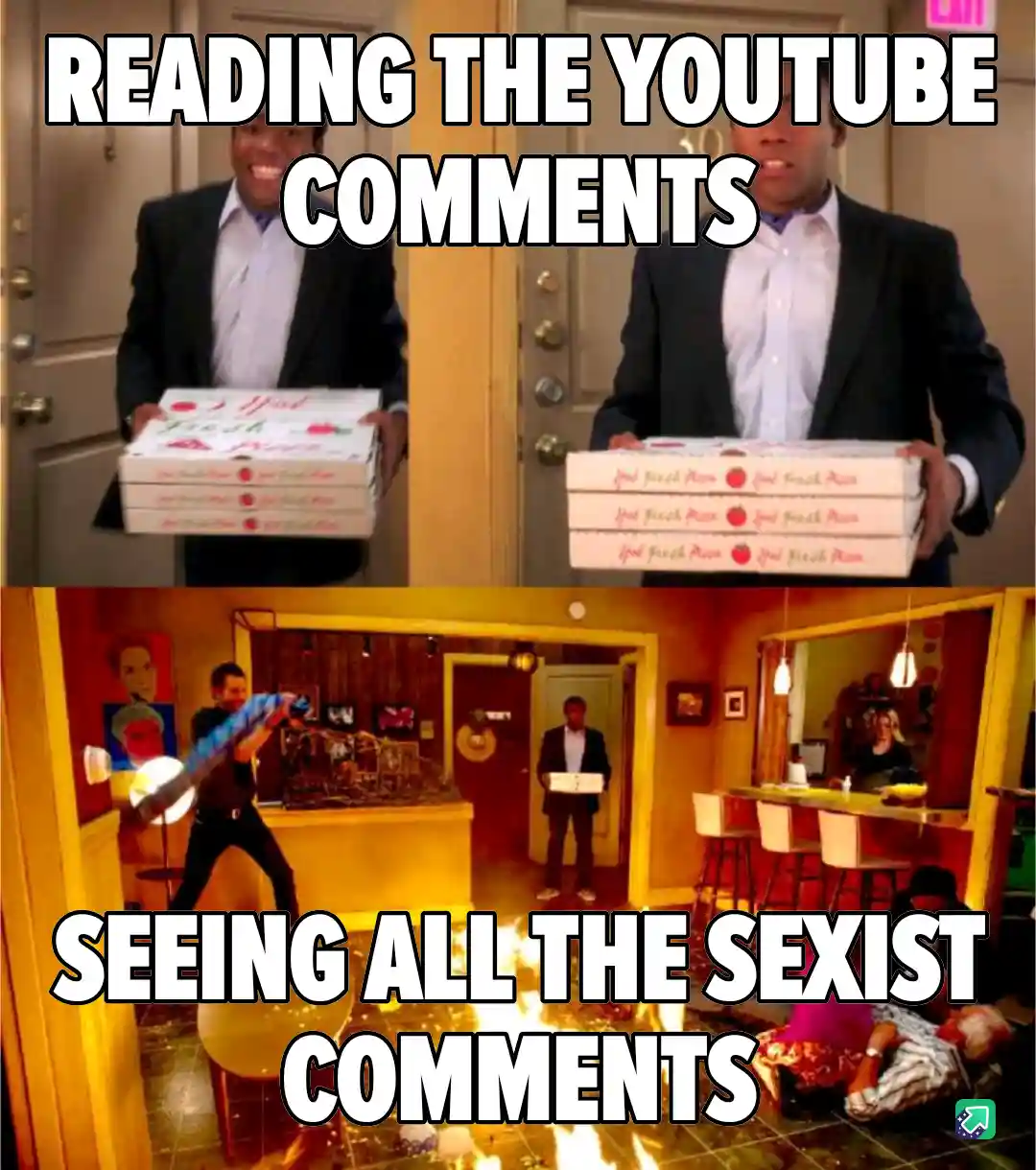 The top panel shows a man in a suit smiling while carrying several pizza boxes, labeled 'Reading the YouTube Comments.' The…