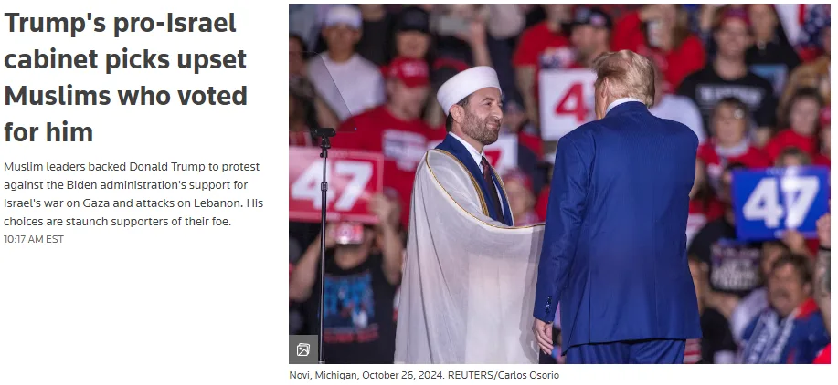 A photo shows Donald Trump in a blue suit shaking hands with a Muslim man wearing a white turban and traditional robe…