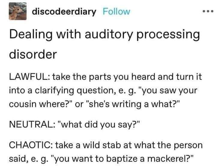 A screenshot of a social media post titled 'Dealing with auditory processing disorder' lists three strategies: 'LAWFUL' (ask…