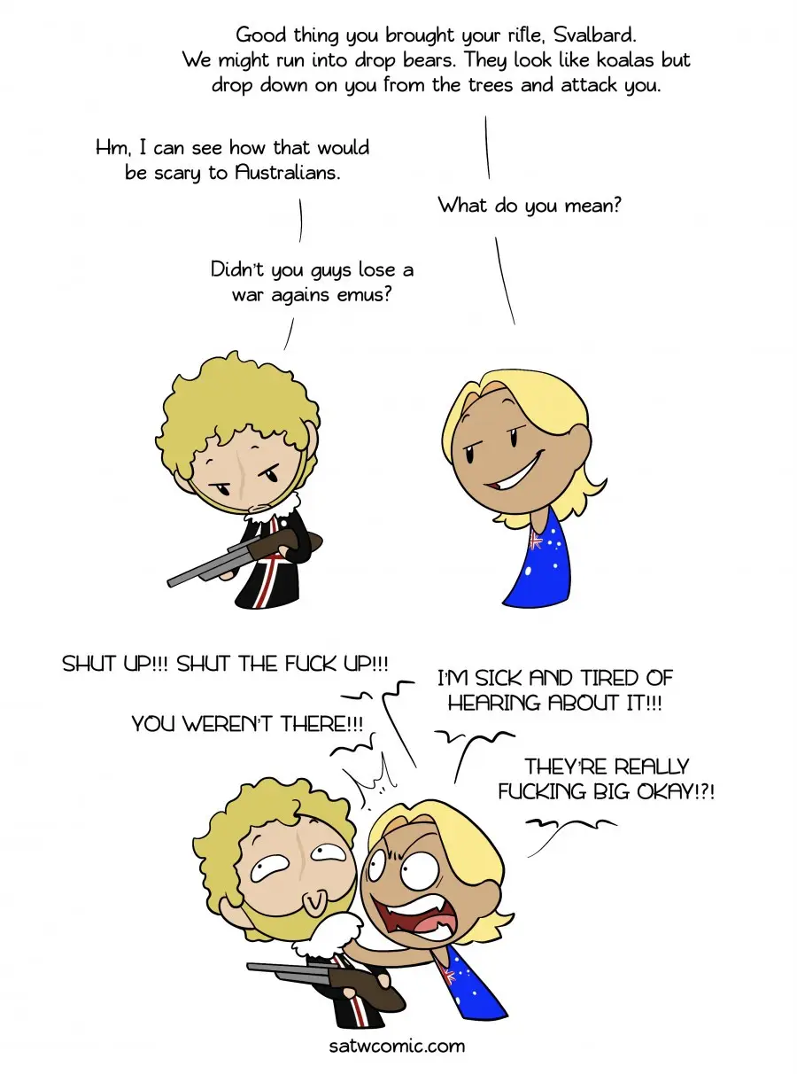 A comic strip featuring two cartoon characters, one in a British-style uniform holding a rifle and another in an Australian…