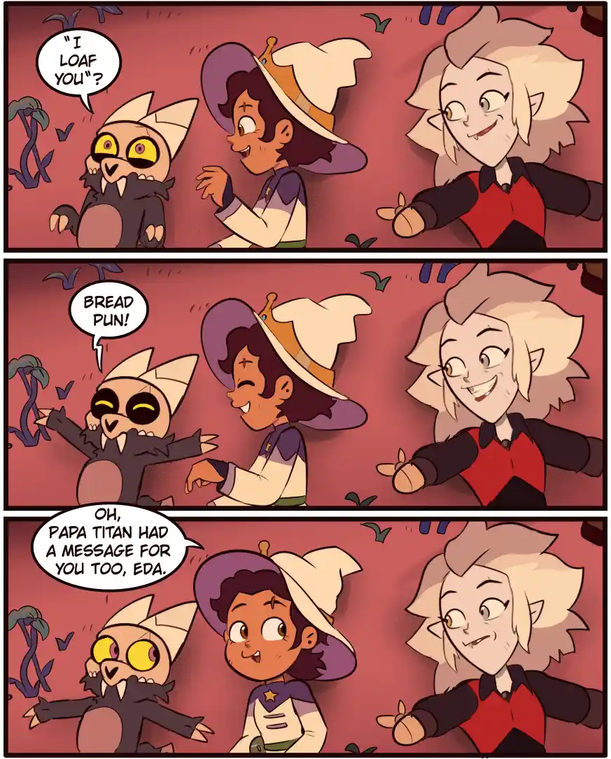 Three-panel comic strip from 'The Owl House' featuring a small owl-like creature, a young witch in a hat, and a…