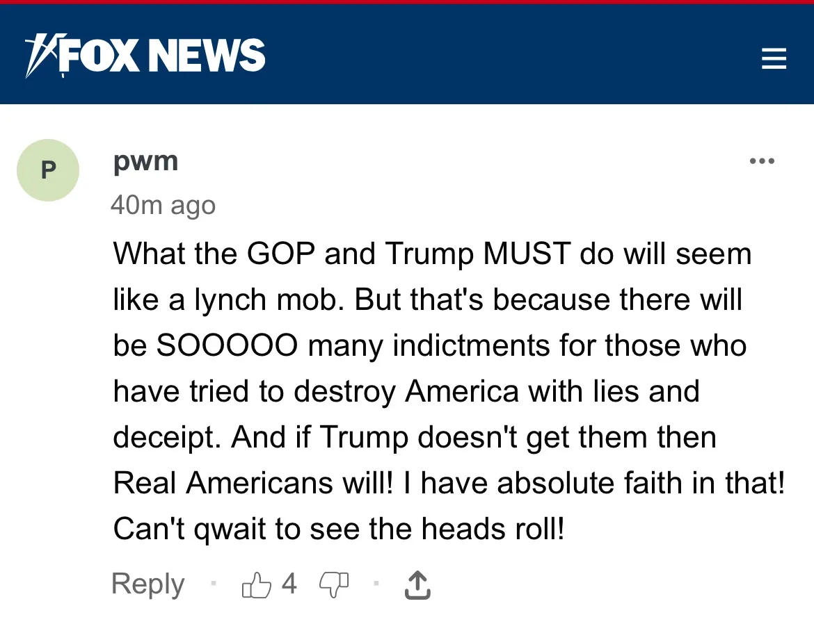 A screenshot of a Fox News comment section showing a user named 'pwm' posting a comment 40 minutes ago. The comment…