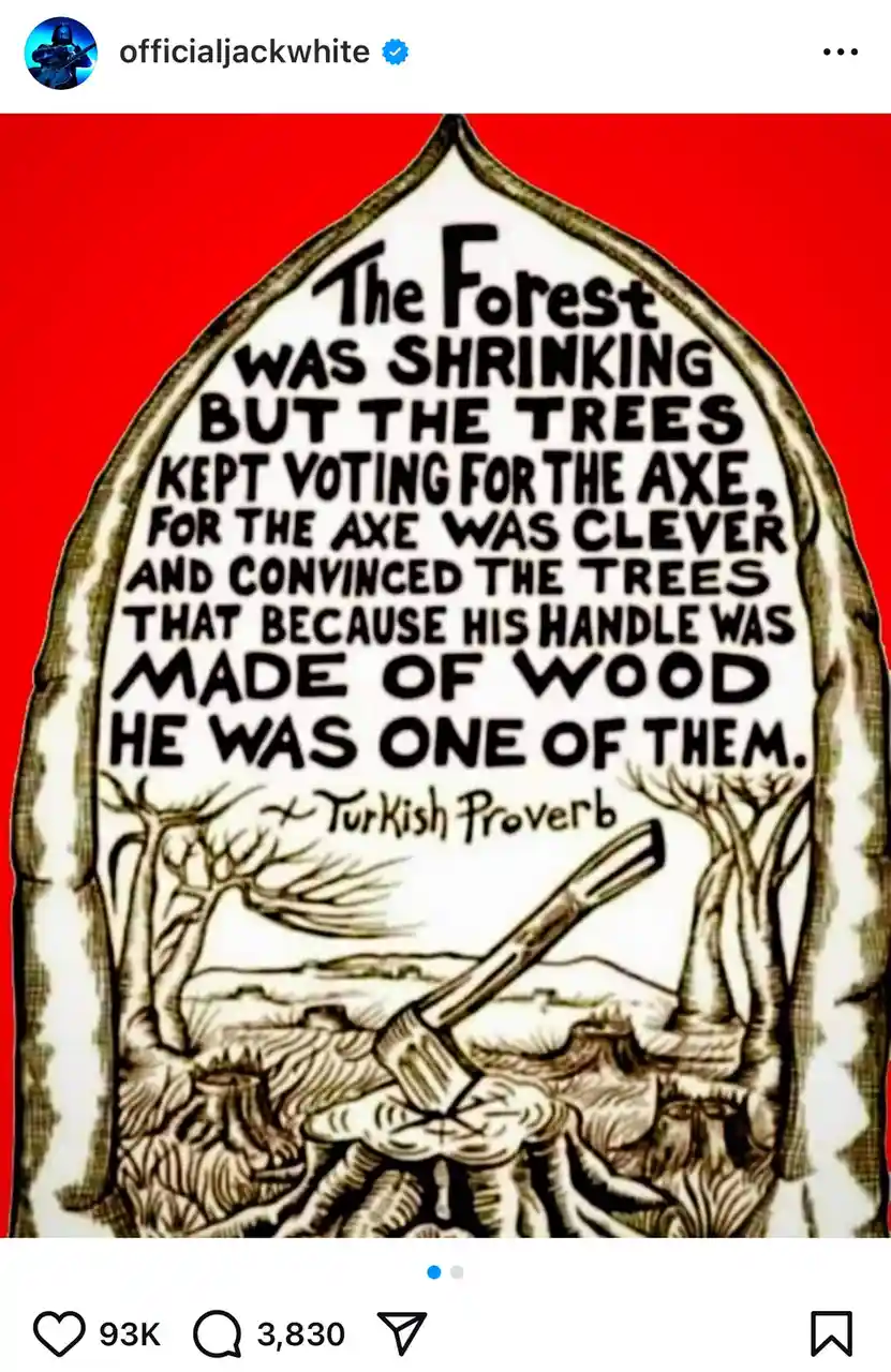 A black-and-white illustration of a tombstone with a forest scene and an axe at its base. The text on the tombstone reads…