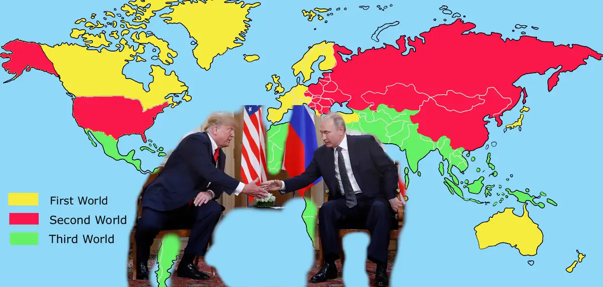 Two men in suits shake hands in front of a world map colored in yellow, red, and green. The legend indicates yellow is…