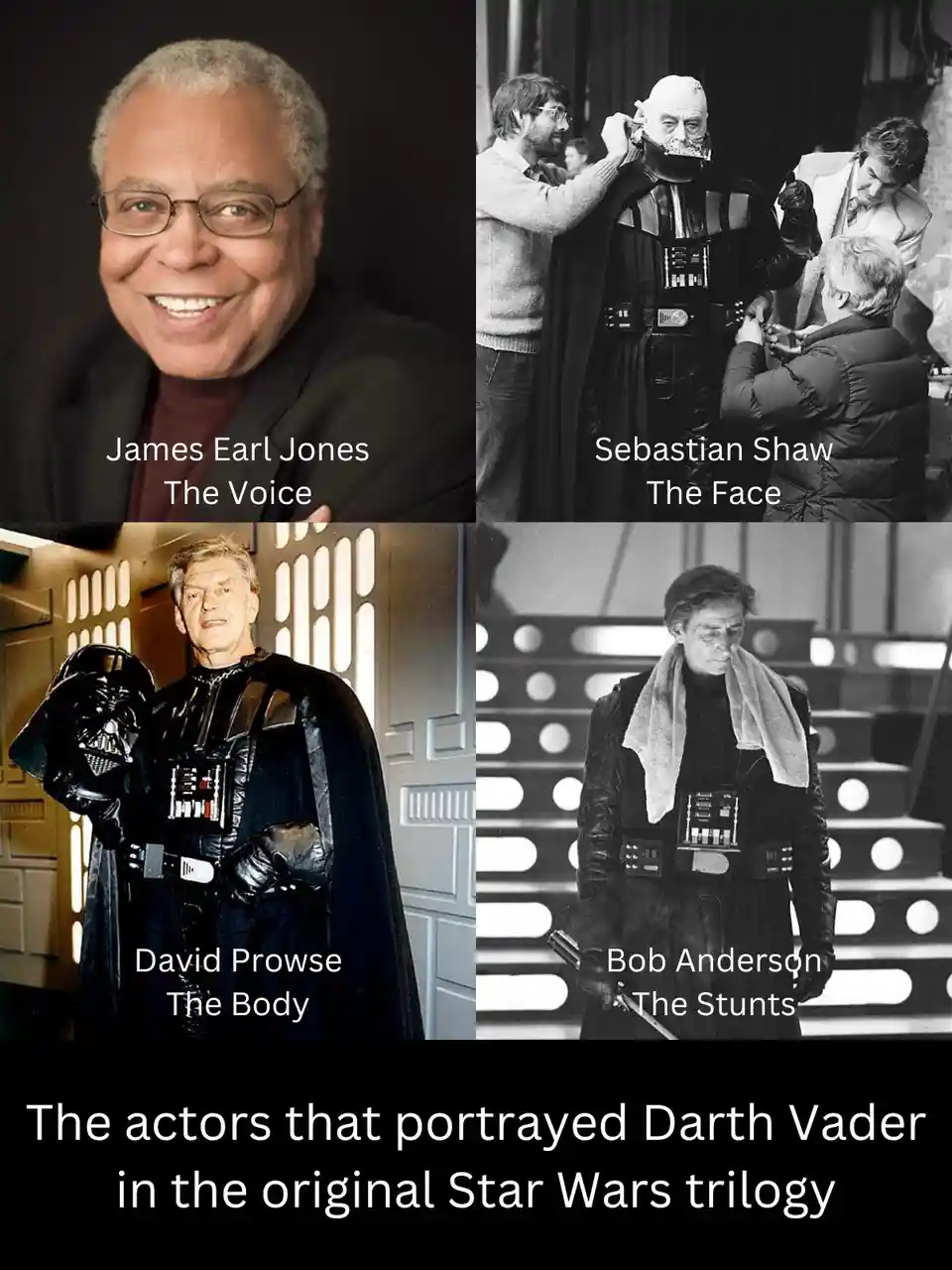 A four-panel image showing the different actors who portrayed Darth Vader in the original Star Wars trilogy: James Earl…