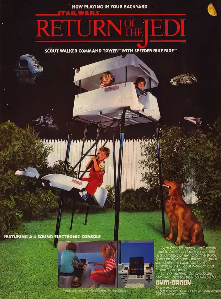 This vintage 1983 advertisement for a 'Star Wars: Return of the Jedi' themed children's playset features three kids playing…