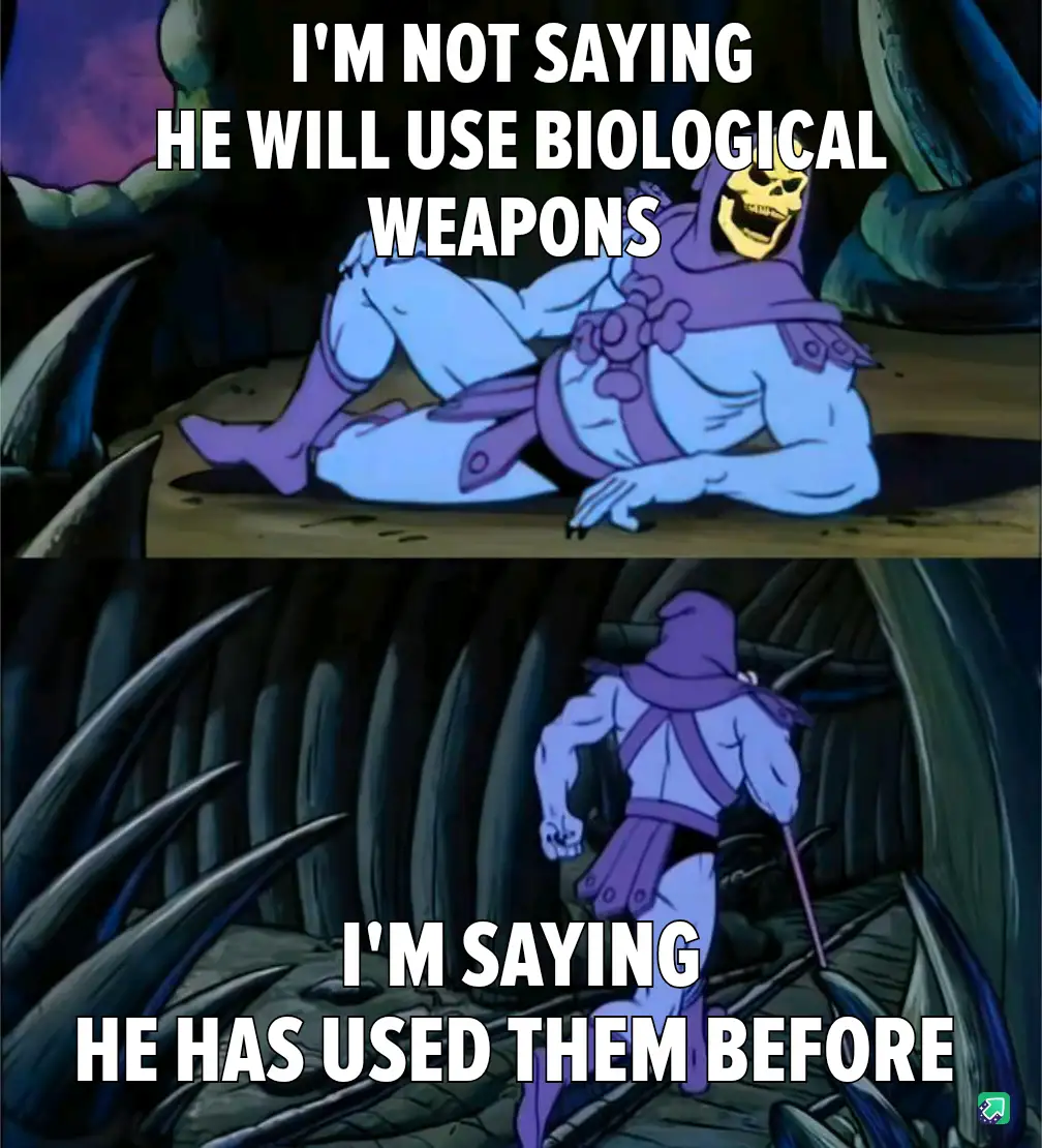 The meme features two panels of the animated character Skeletor from 'He-Man and the Masters of the Universe'. In the top…