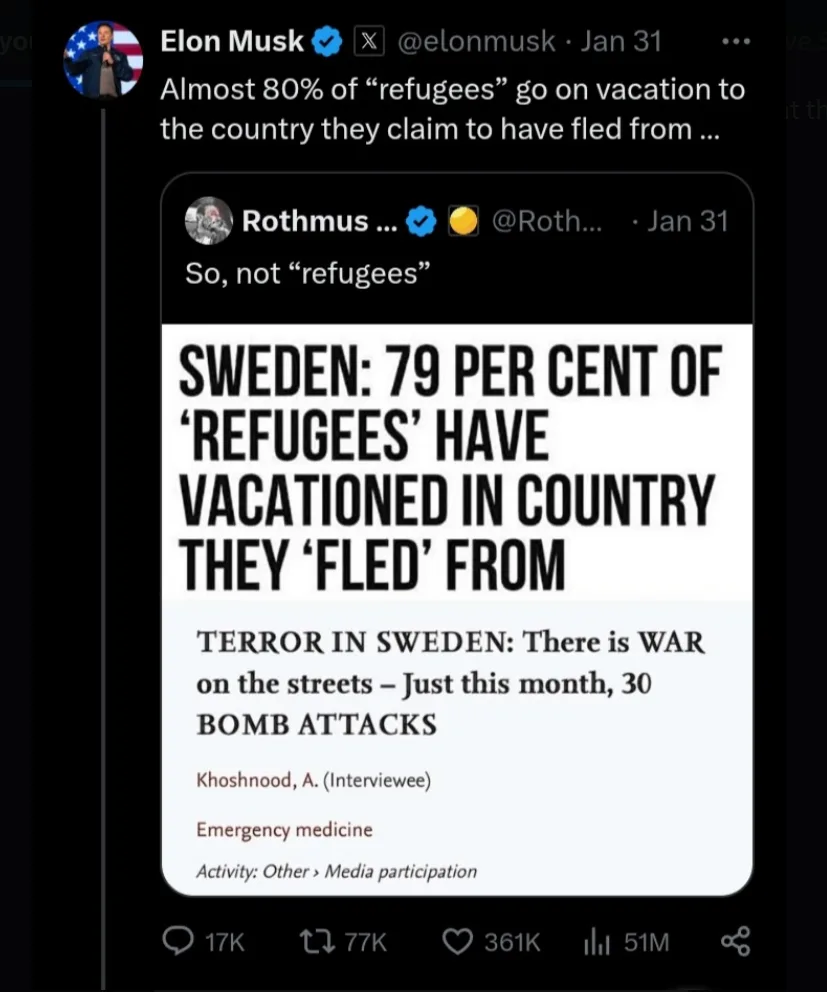 A screenshot of a Twitter thread shows Elon Musk posting a claim that 80% of refugees vacation in their home country. Below…