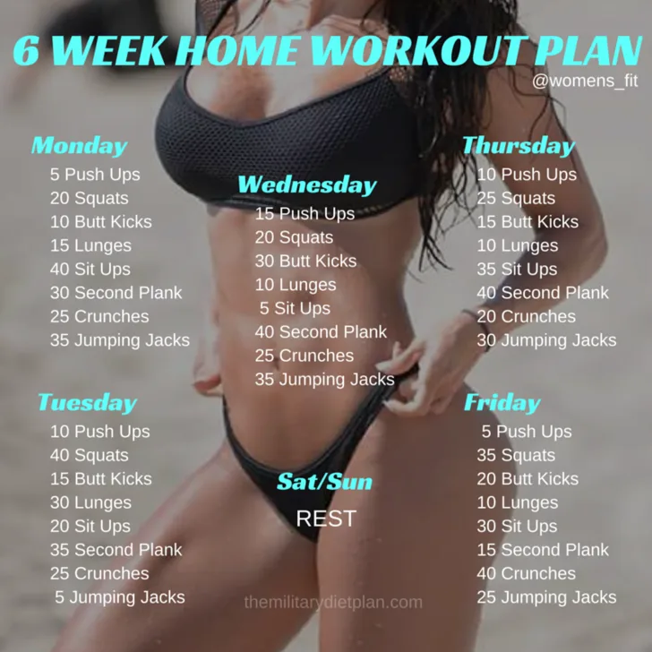 A fitness plan overlaid on a photo of a woman in a black bikini, listing daily exercises for Monday through Friday with rest…