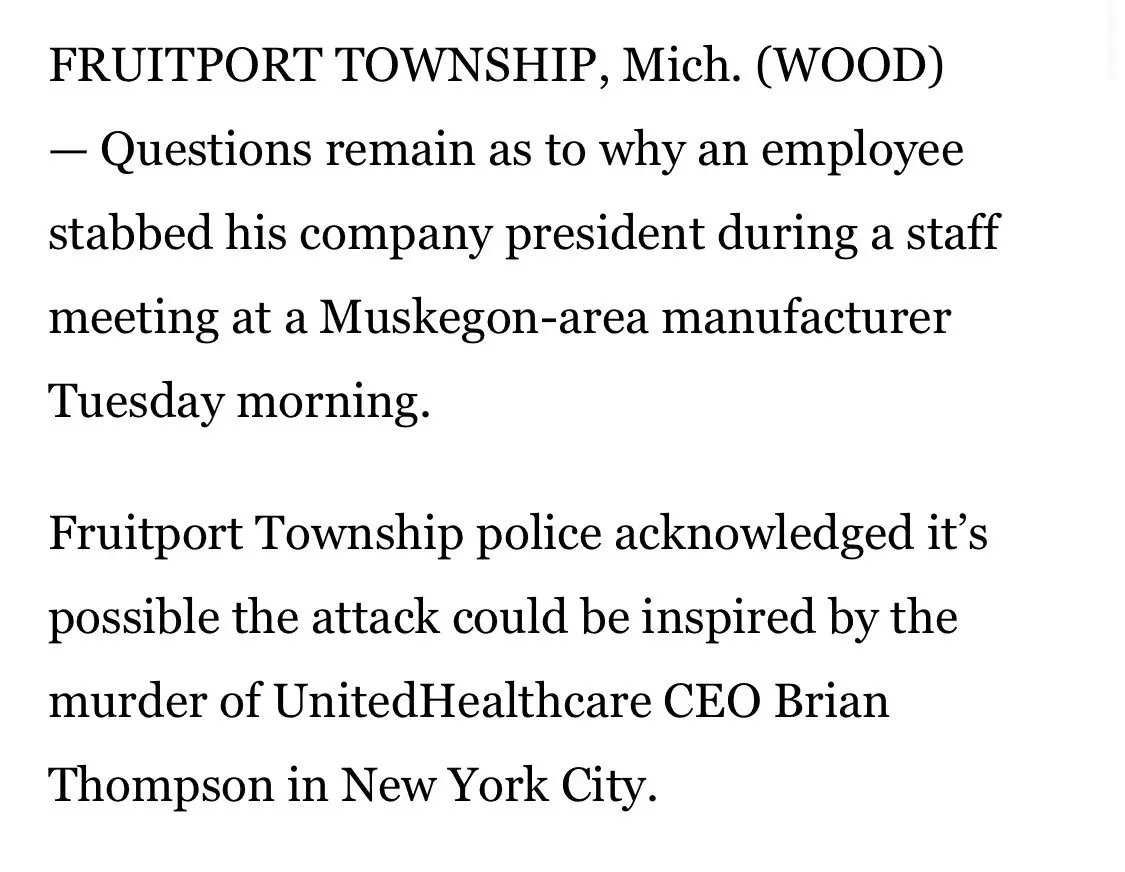 The image displays a news article snippet with black text on a white background. The text reports on an employee stabbing…