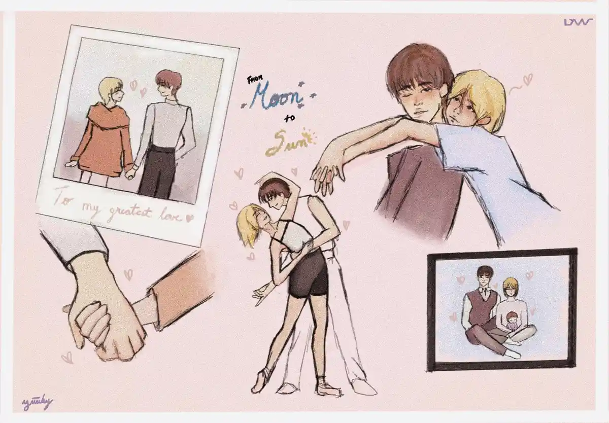 A romantic illustration showing a couple's relationship progression through four scenes: a Polaroid photo of them holding…