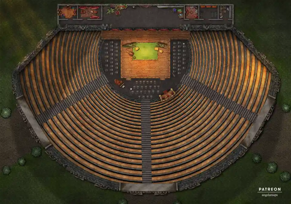 This is a top-down digital illustration of a large, empty, semi-circular amphitheater with tiered wooden seating, a central…