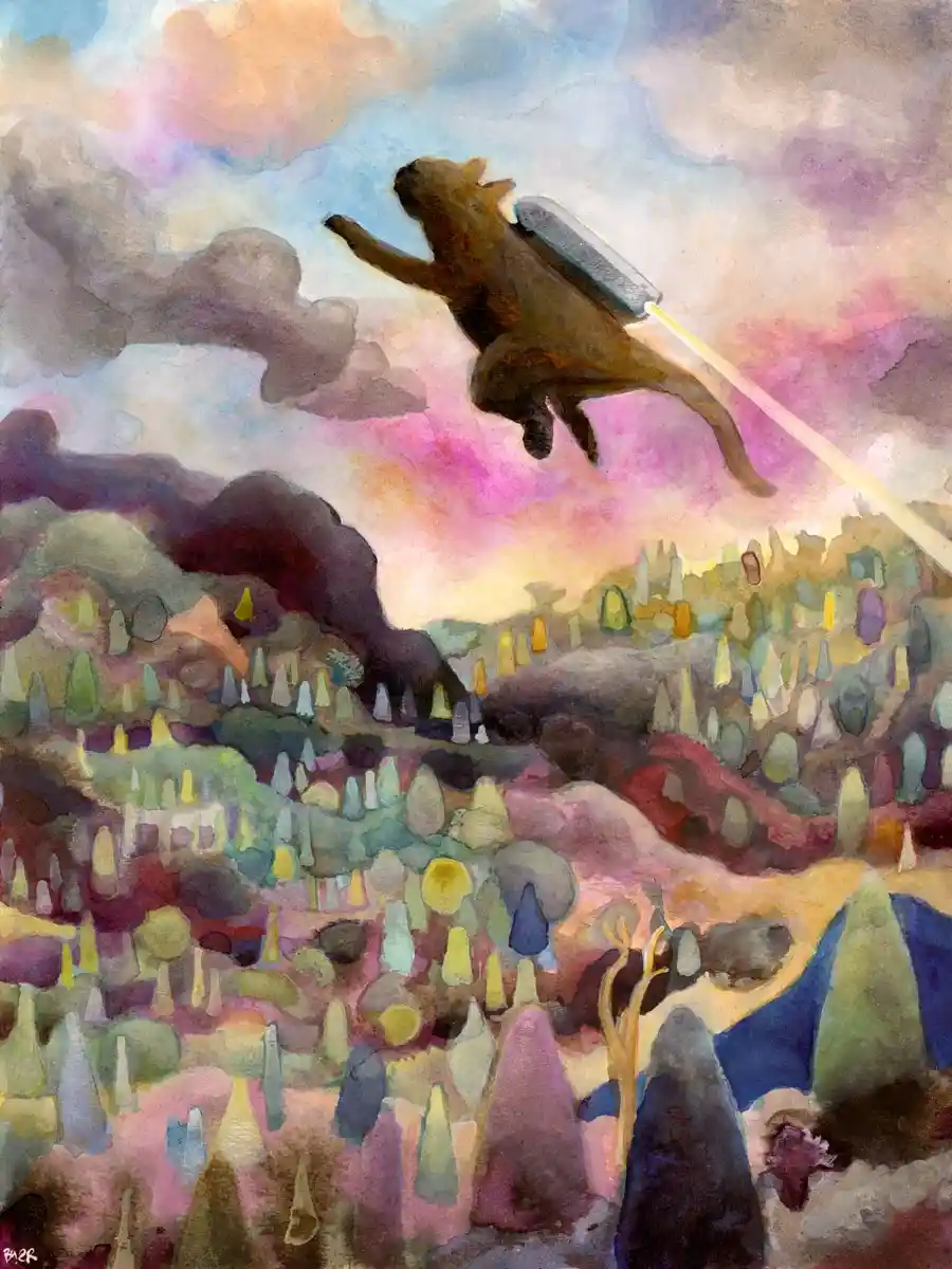 A watercolor painting depicts a brown bear flying through a colorful, dreamlike sky above a stylized landscape of trees and…