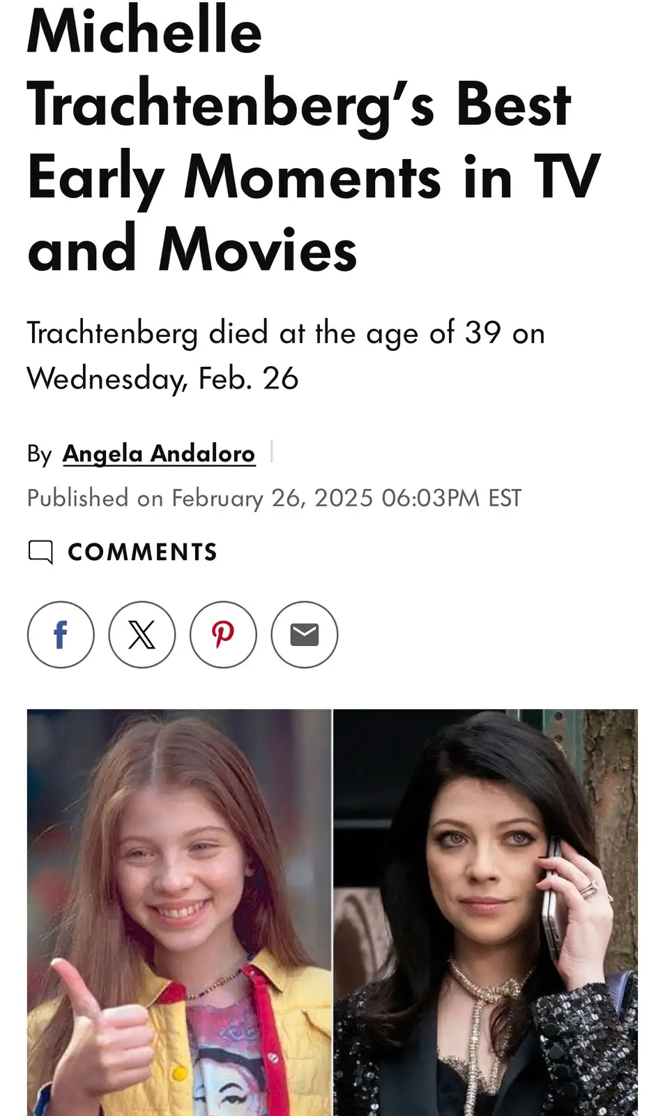 The image displays a fake news article headline about Michelle Trachtenberg's early career moments, but the article text…