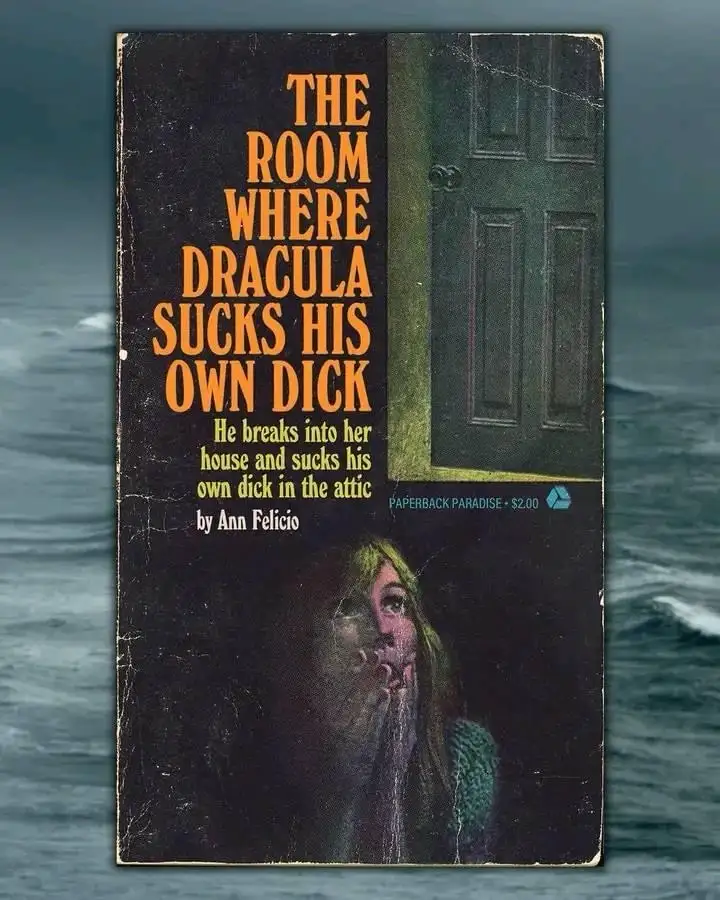 A vintage paperback book cover with a dark, eerie illustration of a woman looking up in fear, next to a closed door. The…