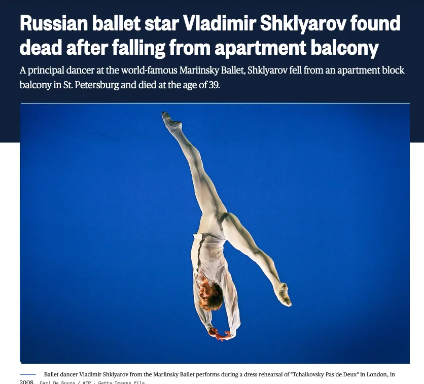 A news article headline about ballet dancer Vladimir Shklyarov's death is overlaid on a photo of him performing a graceful…