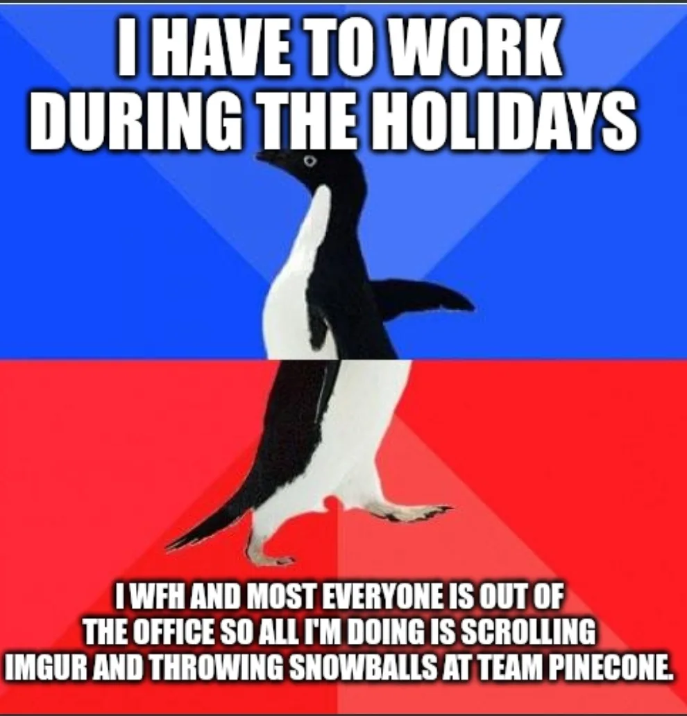 A penguin walks across a blue and red background, with text at the top stating 'I HAVE TO WORK DURING THE HOLIDAYS' and text…
