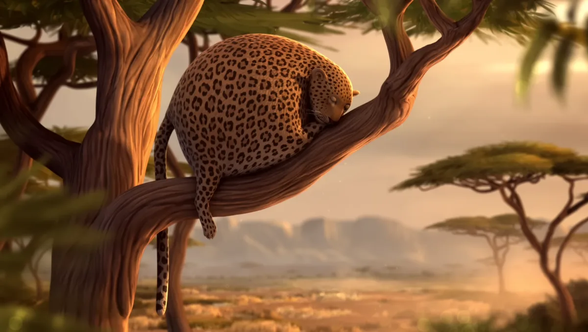 A cartoon leopard with an extremely round, chubby body is curled up and sleeping on a thick tree branch in a savanna at…