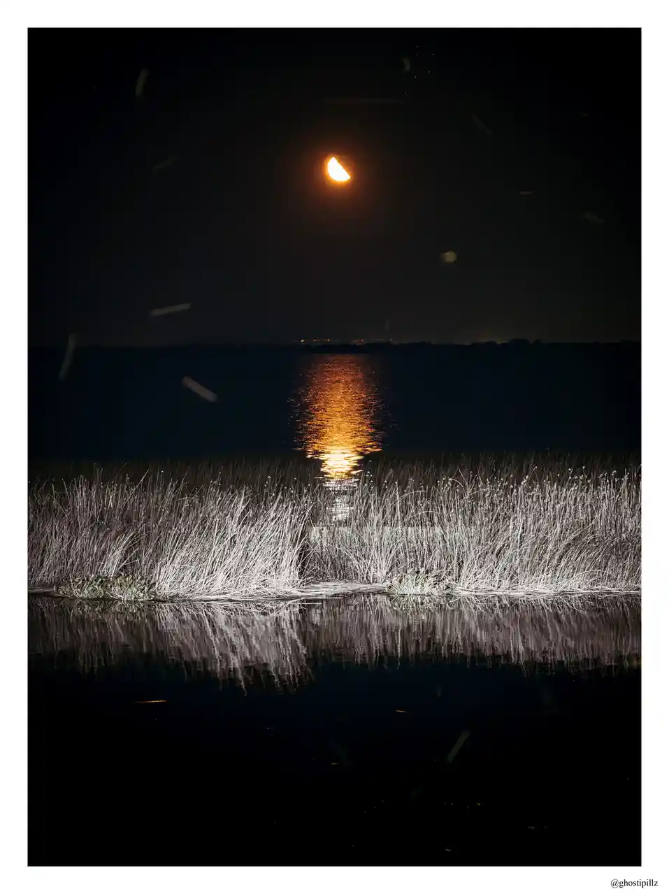 A dark, atmospheric night scene shows a glowing crescent moon above a body of water, with its reflection shimmering on the…