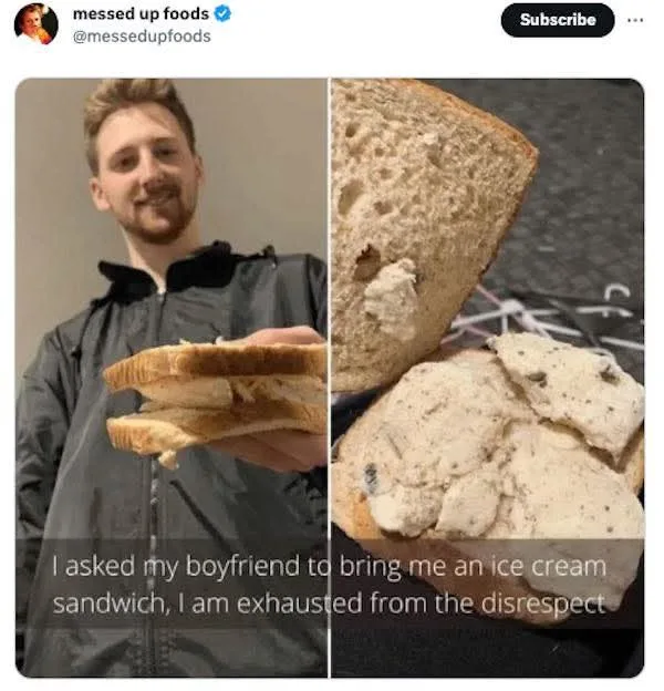 A split image shows a man smiling while holding a sandwich made of two slices of bread with a filling that looks like ice…