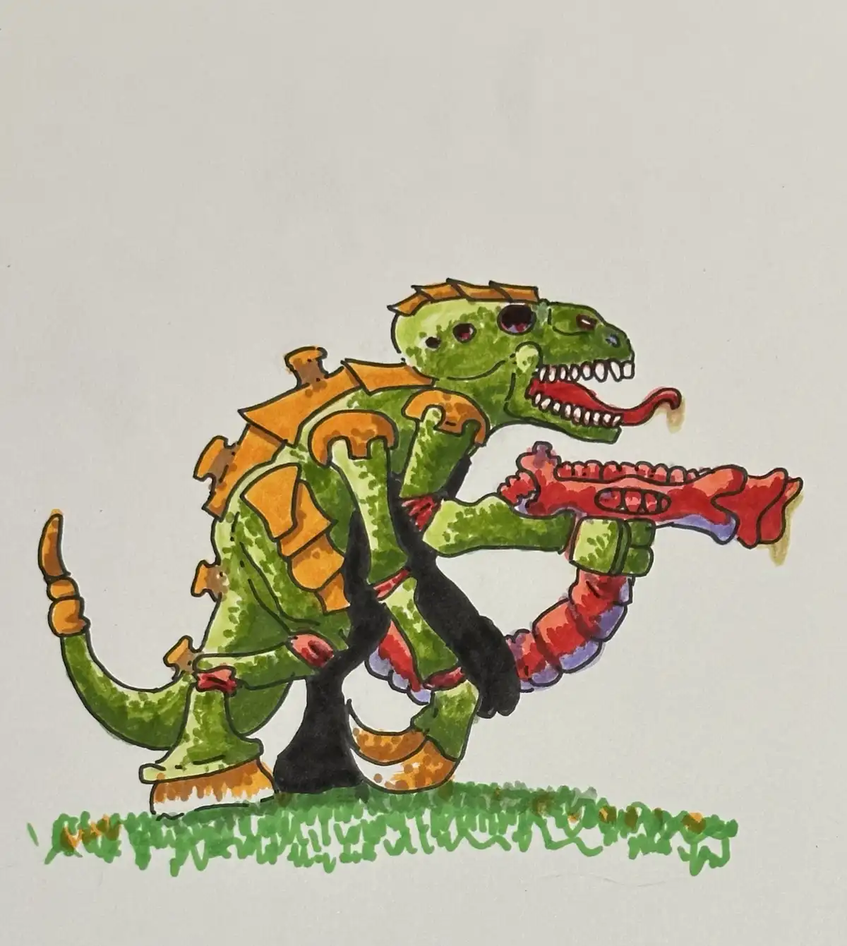 A hand-drawn, cartoonish green dragon with orange spikes and a red tongue stands on grass, holding a red and purple…