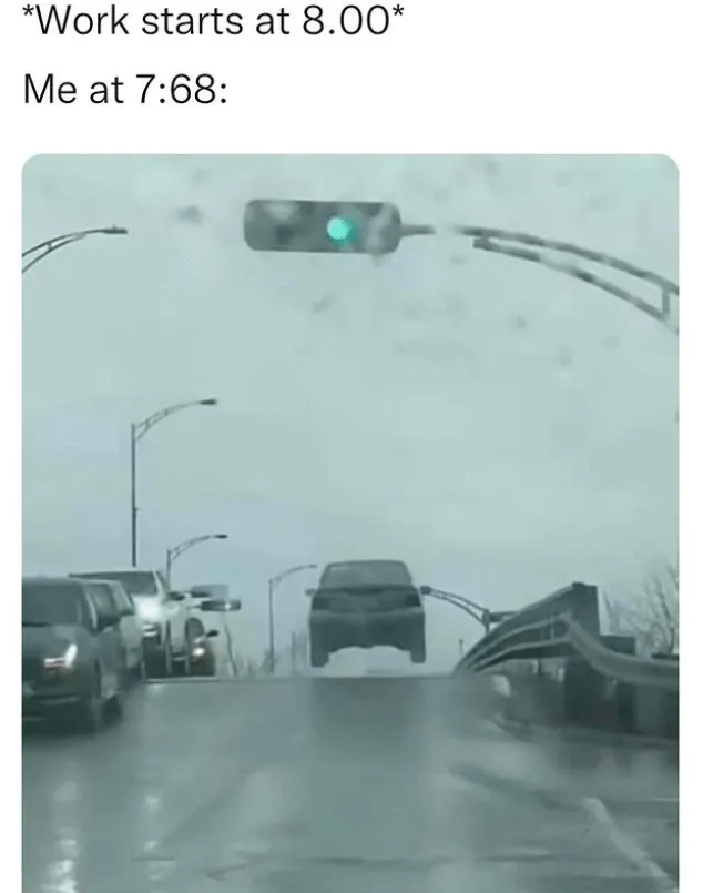 A dashcam view from inside a car shows a snowy, blurry road with a green traffic light above. Ahead, a dark SUV is airborne…
