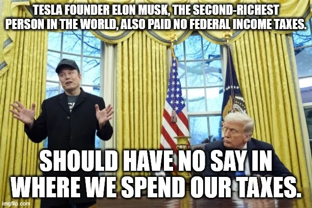 An image shows Elon Musk standing with arms outstretched in front of a desk where Donald Trump is seated, both in a room…
