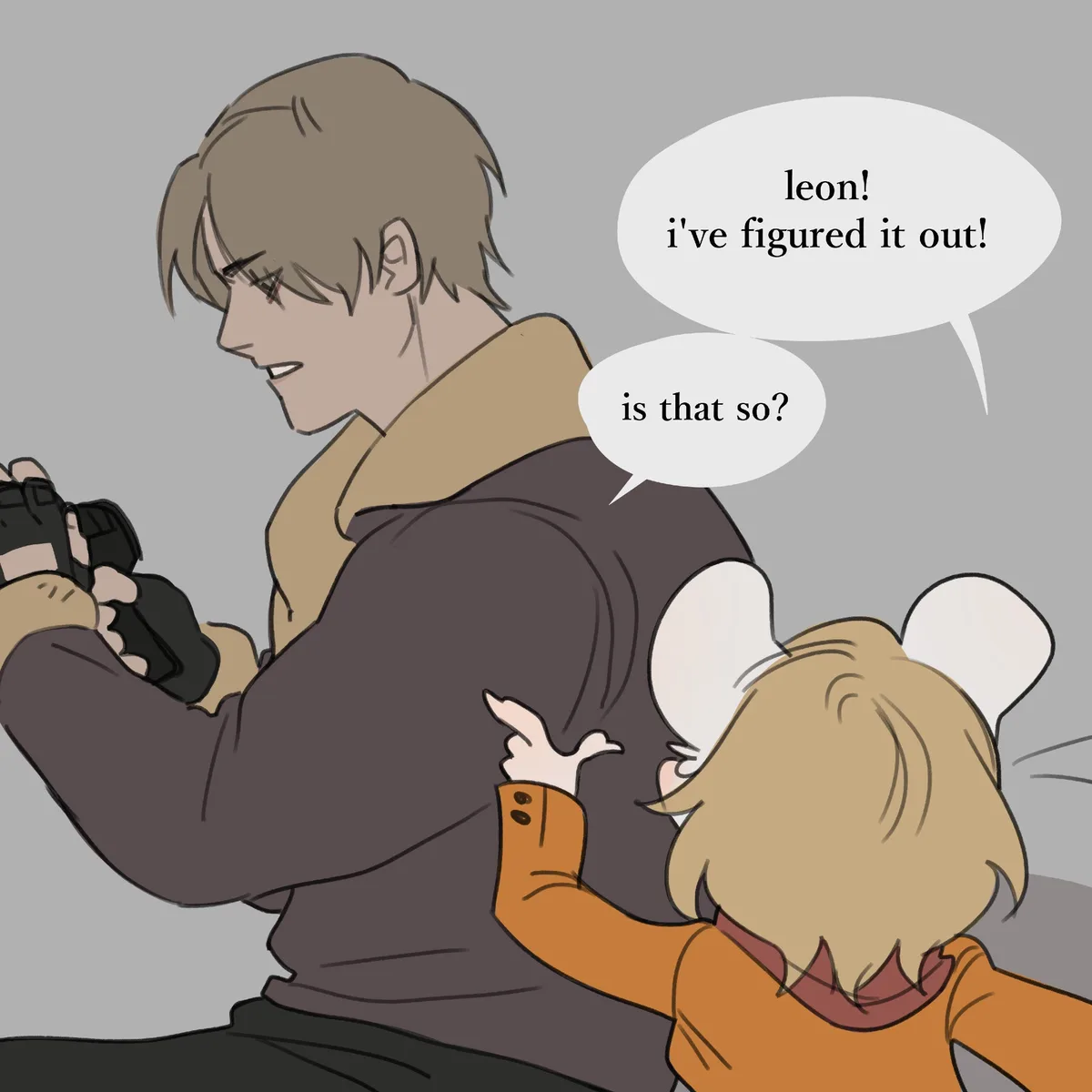 An anime-style illustration shows a character with mouse ears and an orange shirt pointing at another character who is…