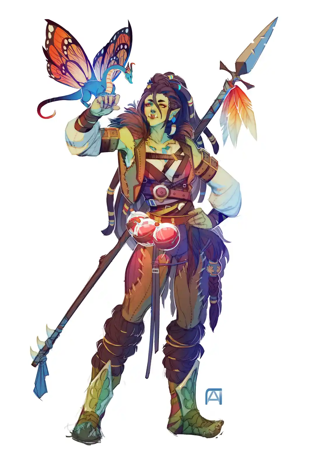A fantasy illustration of a green-skinned, elf-like warrior with long dark hair, holding a small blue dragon with butterfly…