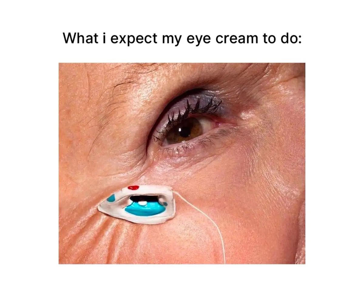 A close-up image shows a person's eye with visible wrinkles and makeup, next to a small white device with a blue gel-like…