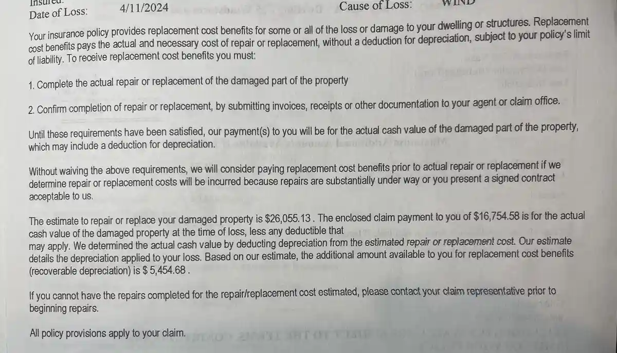 A close-up of an insurance claim document detailing a property damage payout. The text explains that the full estimated…