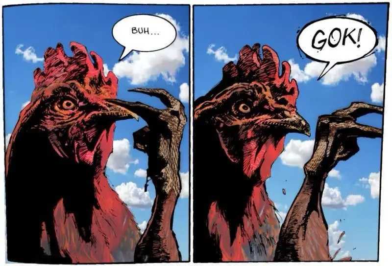 Two comic panels show a giant, stylized rooster against a blue sky with clouds. In the first panel, the rooster says…