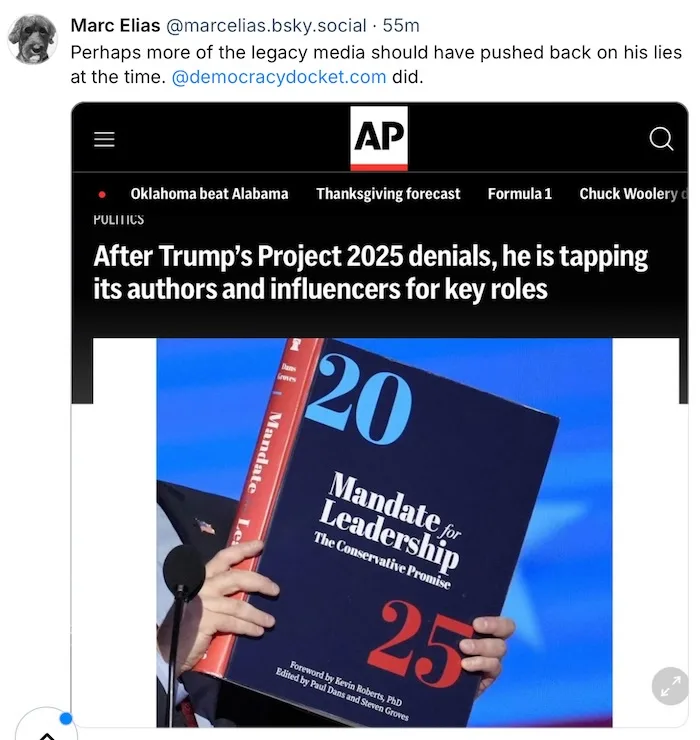 A screenshot of an AP news article with the headline 'After Trump's Project 2025 denials, he is tapping its authors and…