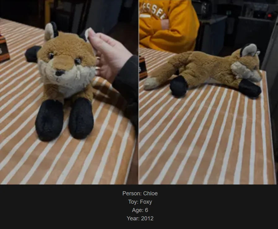 A split image shows a brown plush fox toy on a striped tablecloth. Left panel: a hand holds the toy upright. Right panel…