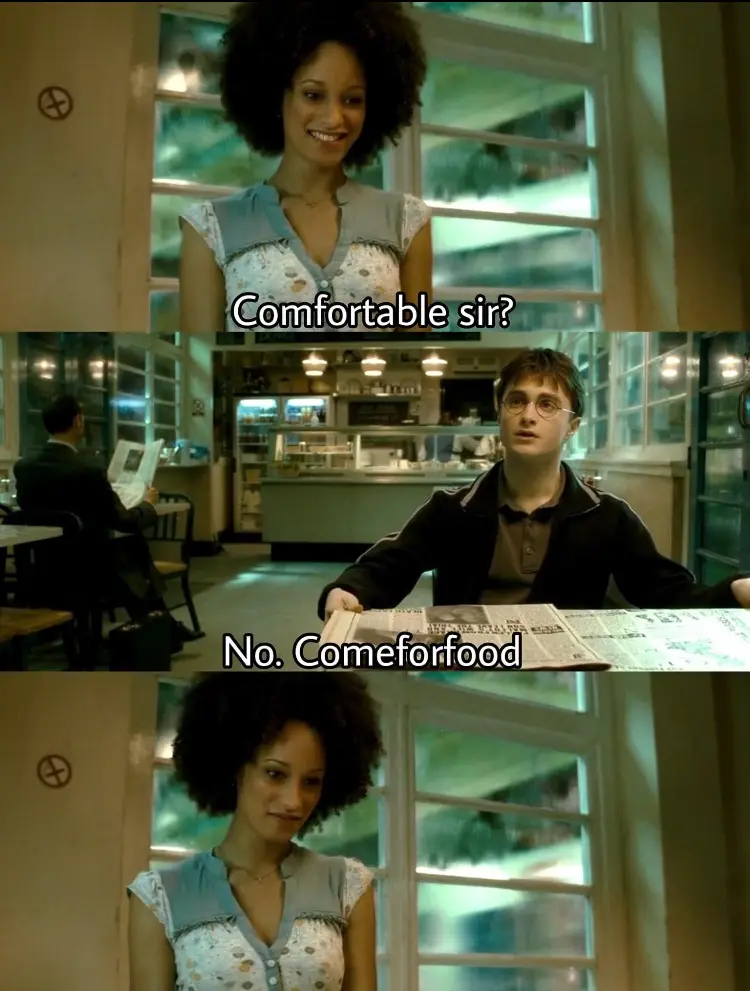 A three-panel meme from the movie 'Harry Potter and the Order of the Phoenix' shows a waitress asking Harry Potter if he's…