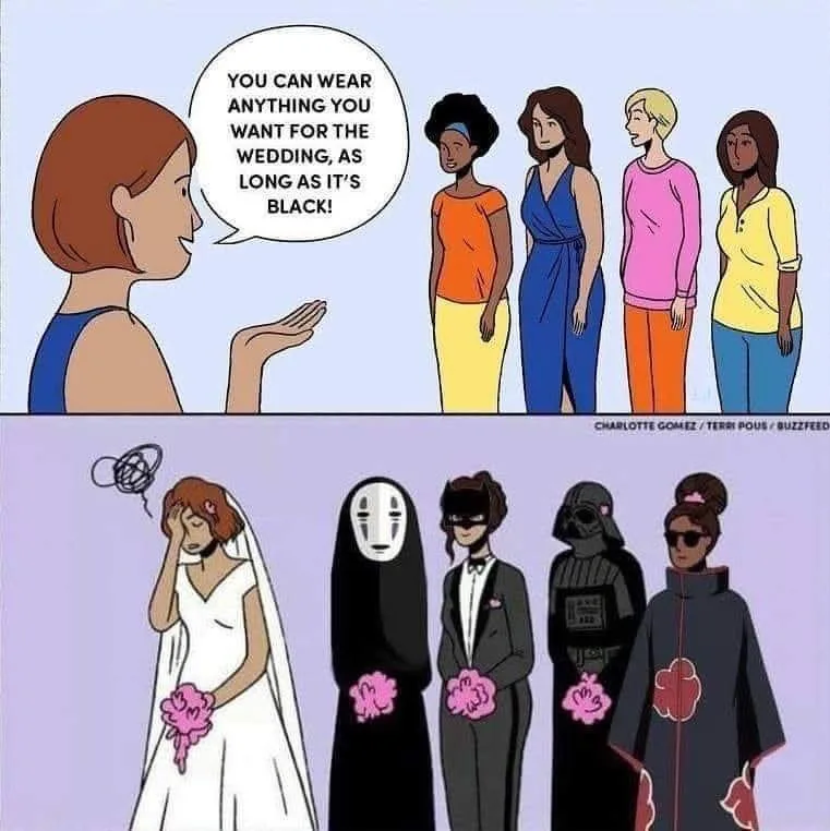 A cartoon depicts a bride telling five bridesmaids they can wear anything black for the wedding. In the bottom panel, the…