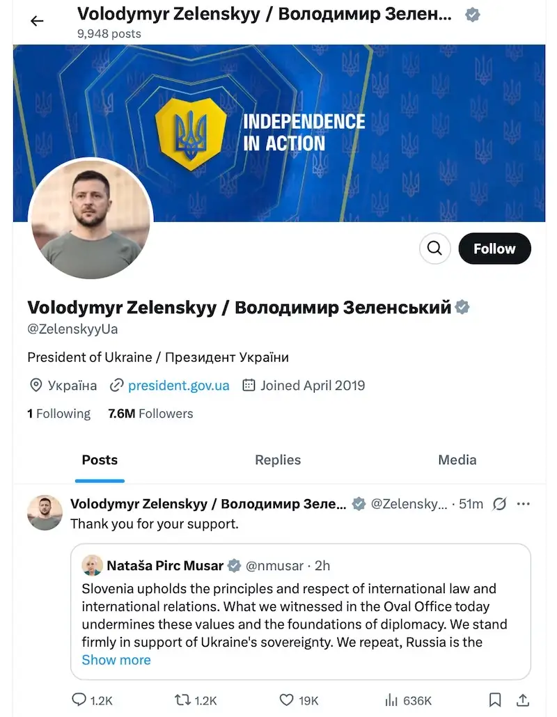 A screenshot of Volodymyr Zelenskyy's official Twitter profile shows his latest tweet thanking supporters, with a reply from…