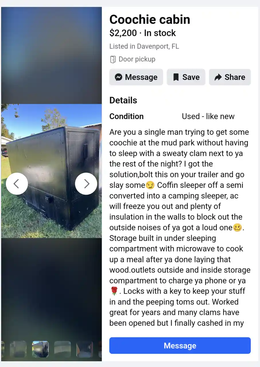 A screenshot of a Craigslist-style listing for a black, boxy trailer labeled 'Coochie cabin' priced at $2,200. The…