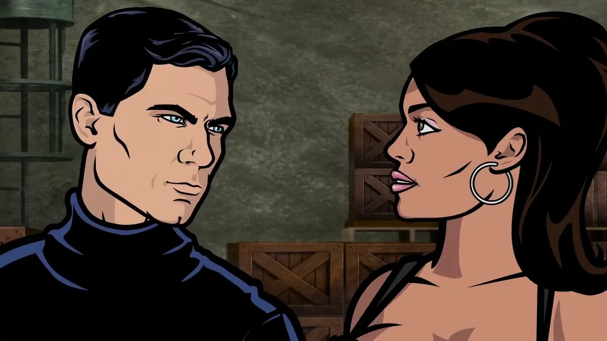 a cartoon image shows a man and a woman facing each other in a dimly lit room with wooden crates in the background. The man…