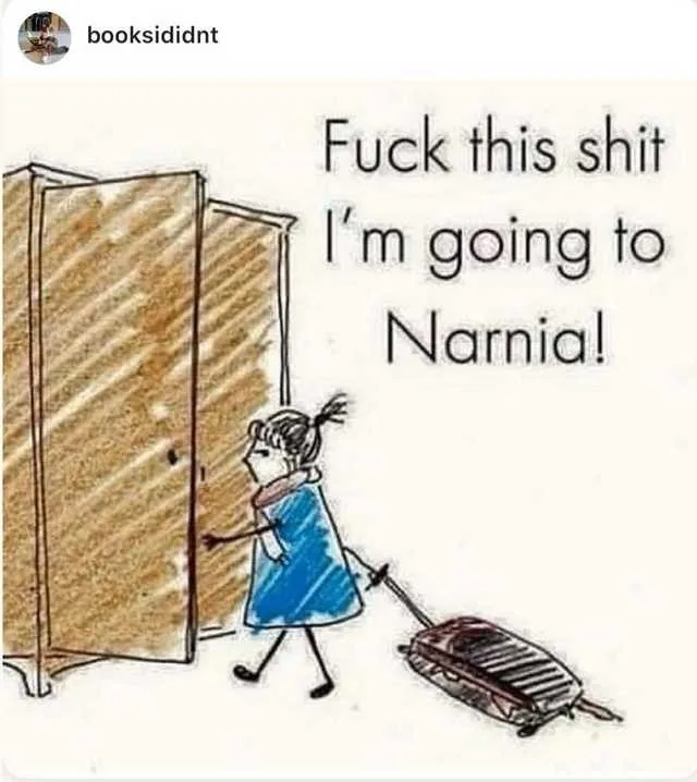 A hand-drawn cartoon shows a girl in a blue dress pulling a suitcase toward a large, plain wooden wardrobe. The text…