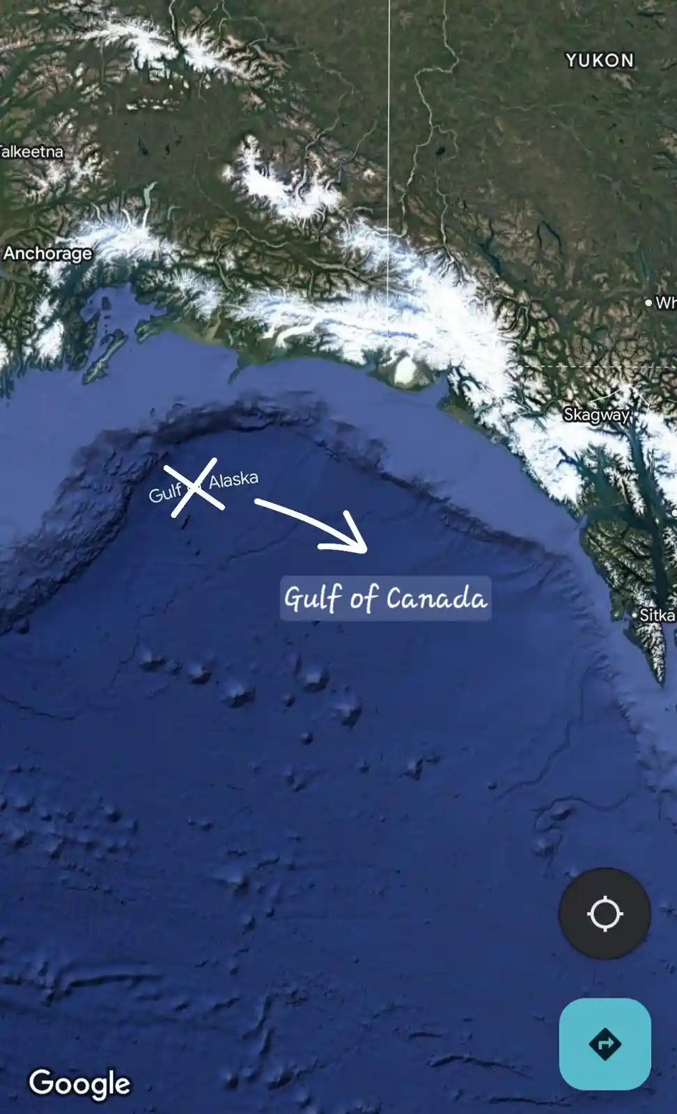 A satellite map image of the northern Pacific coast shows a white arrow pointing to a large body of water labeled 'Gulf of…