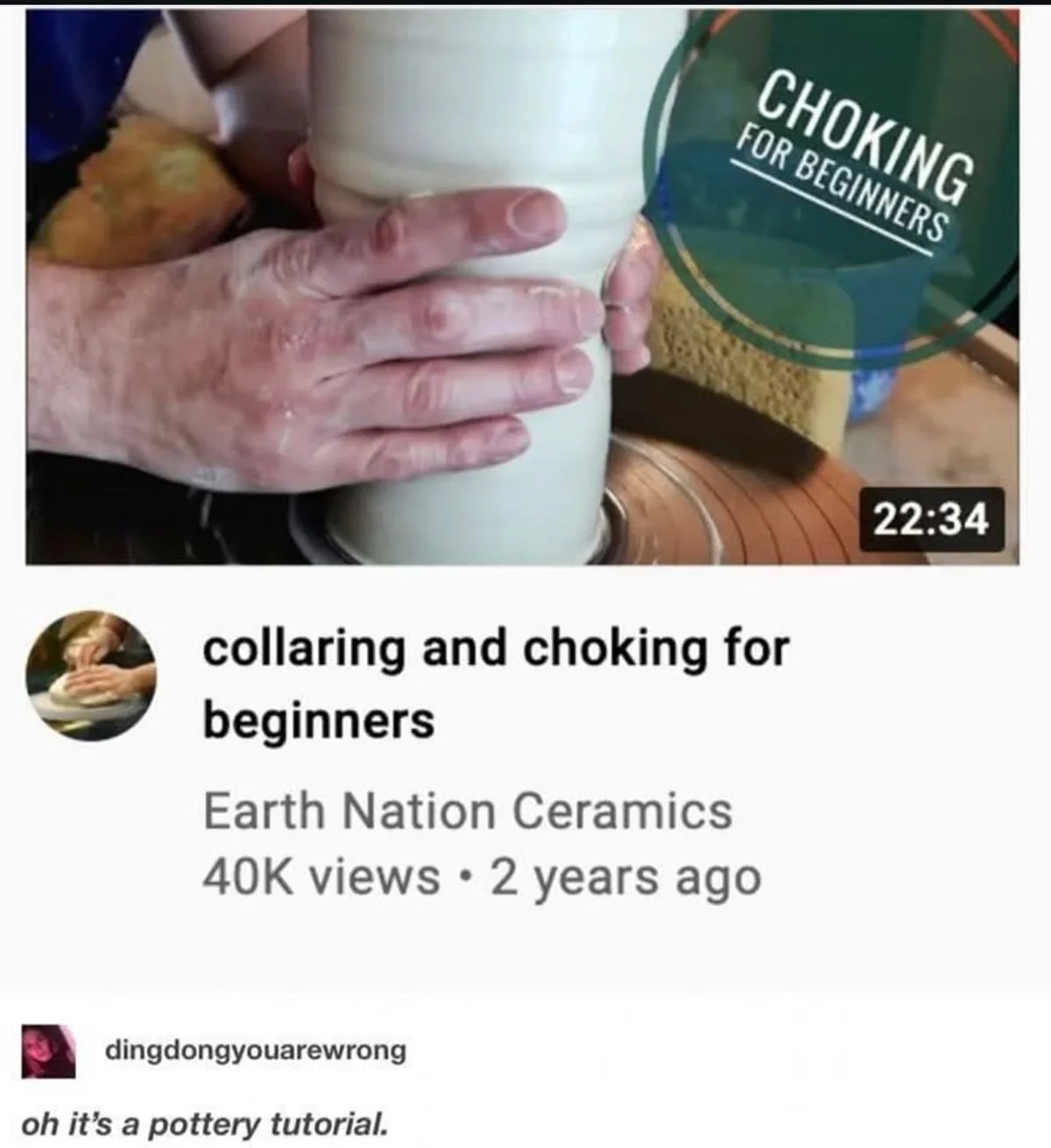 A screenshot of a YouTube video thumbnail shows hands shaping clay on a pottery wheel, with a green circular graphic overlay…