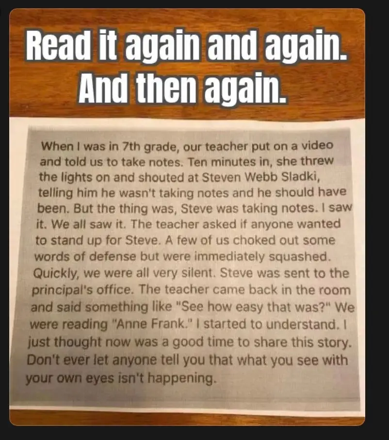 A printed text is shown on a wooden surface, recounting a 7th-grade classroom incident where a teacher wrongly accused a…